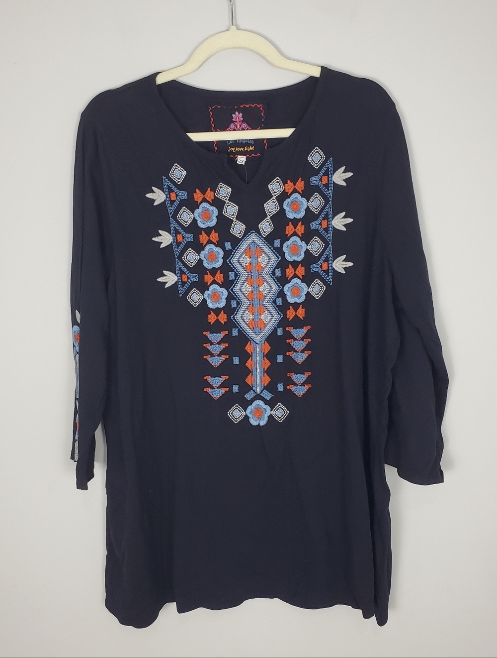 JW Los Angeles JoyJoy Light Embroidered Boho Tunic Top Black Floral Size 2X NWT